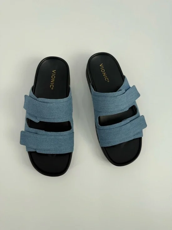 Vionic Riviera Platform Blue Denim Double Strap Slide Sandals Adjustable Velcro - Picture 10 of 15